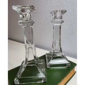 Vintage Set of Clear Glass Candlestick Holders, Cut Floral Design,‎ Set of 2
